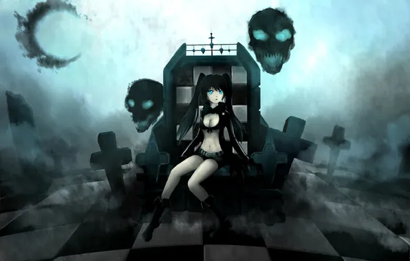 Картинка взгляд, девушка, улыбка, кресты, череп, цепи, Black Rock Shooter, трон