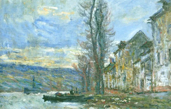 Картинка пейзаж, река, лодка, дома, картина, Клод Моне, Сена в Лавакорте. Зима