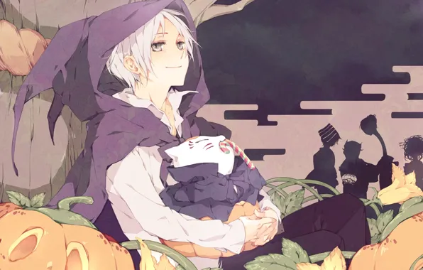 Картинка дерево, аниме, конфеты, тыквы, Хэллоуин, цветки, Natsume, Natsume Yuujinchou
