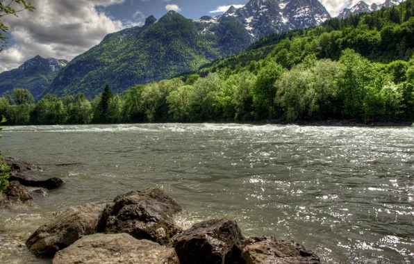 Картинка лес, пейзаж, горы, природа, река, камни, HDR, Австрия