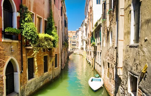 Мост, лодка, дома, канал, венеция