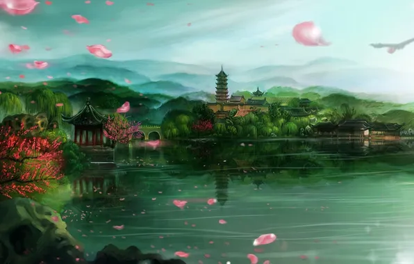 Картинка озеро, холмы, азия, дома, лепестки, сакура, арт, yingzhiping