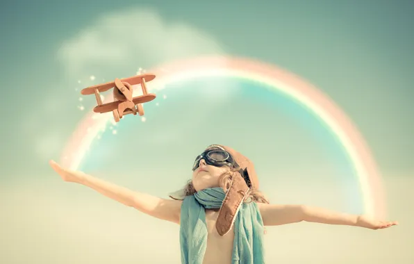 Картинка небо, игрушка, игра, радуга, самолёт, ребёнок, лётчик