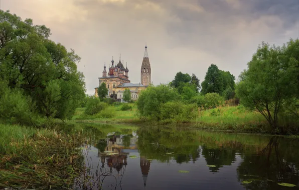 Лето, деревья, природа, отражение, река, церковь, Богорянов Алексей