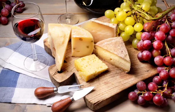 Вино, бокал, сыр, виноград, доска, фрукты, wine, grapes
