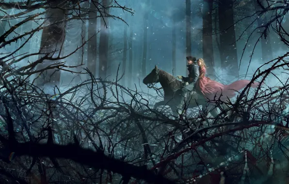 Картинка лес, деревья, лошадь, Девушка, платье, парень