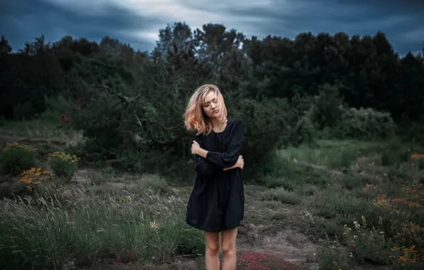Girl, Black, Blonde, Forest, Dress, Sight