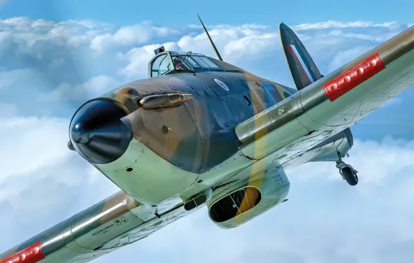 Облака, Винт, Истребитель, Пилот, Hawker Hurricane, Hurricane, RAF, Вторая Мировая Война