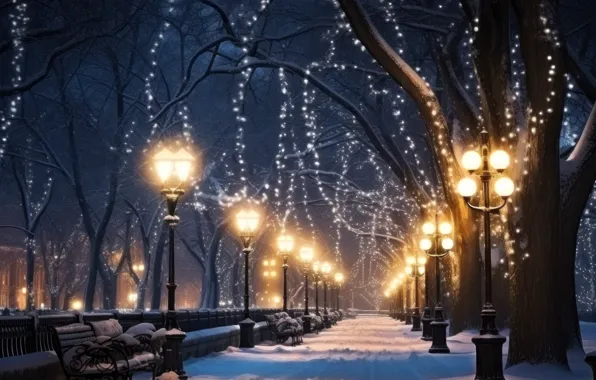 Картинка зима, снег, деревья, скамейка, ночь, lights, парк, улица