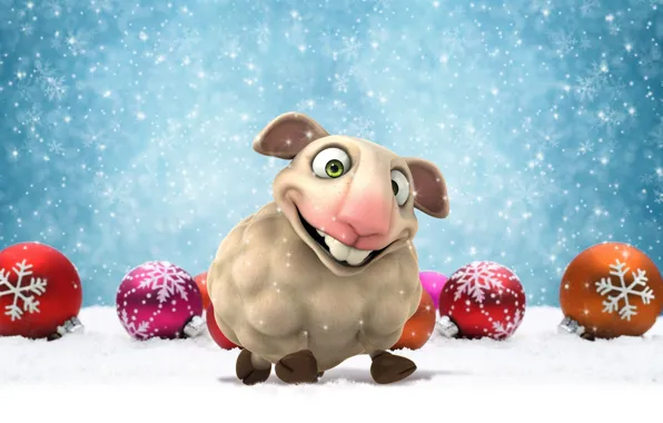 Картинка шарики, снег, животное, праздник, шары, игрушки, графика, новый год