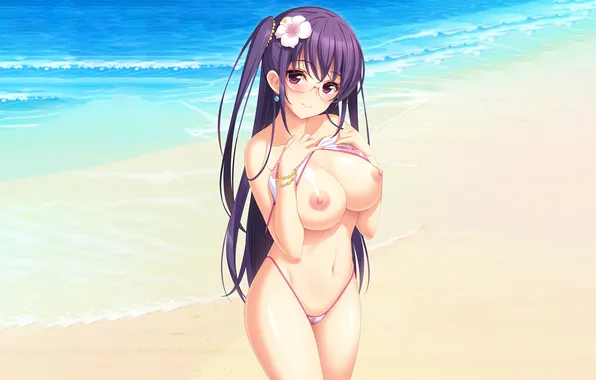 Girl, sexy, beach, flower, erect nipples, long hair, sea, nipples