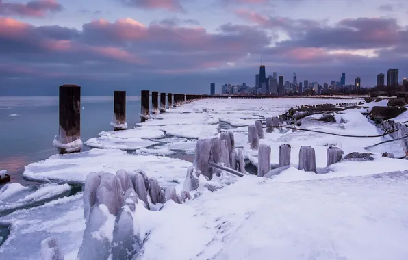 Зима, снег, city, небоскребы, USA, америка, чикаго, Chicago