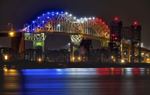 Ночь, огни, Мичиган, Marie International Bridge