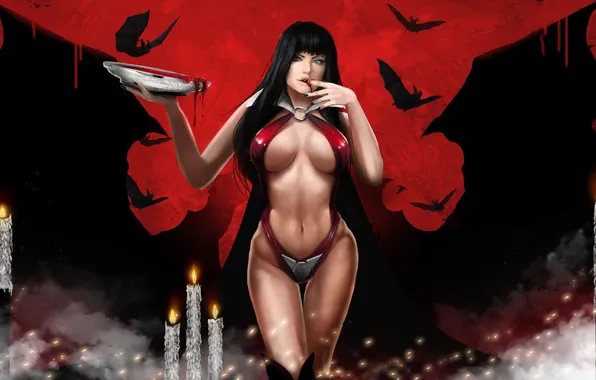 Взгляд, кровь, свечи, арт, вампир, летучие мыши, Vampirella, вампирша