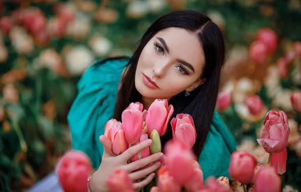 Взгляд, цветы, лицо, настроение, портрет, тюльпаны, Алина, Hakan Erenler