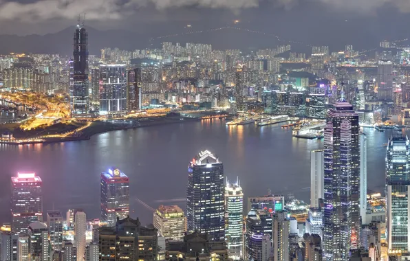Ночь, city, город, небоскребы, night, Hong Kong