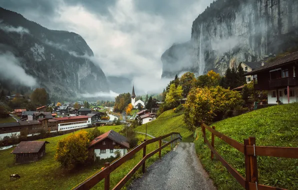 Картинка осень, горы, дома, Швейцария, деревня, дорожка, тропинка, Switzerland