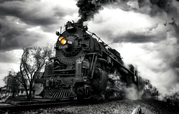 Картинка дым, поезд, паровоз, чёрно-белая, монохром, насыпь, Наш паровоз вперёд летит!