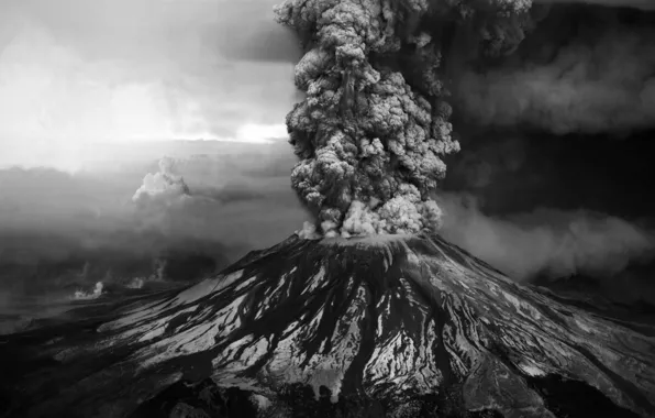 Пепел, фото, гора, вулкан, извержение, черно-белое, святой елены, st. helens