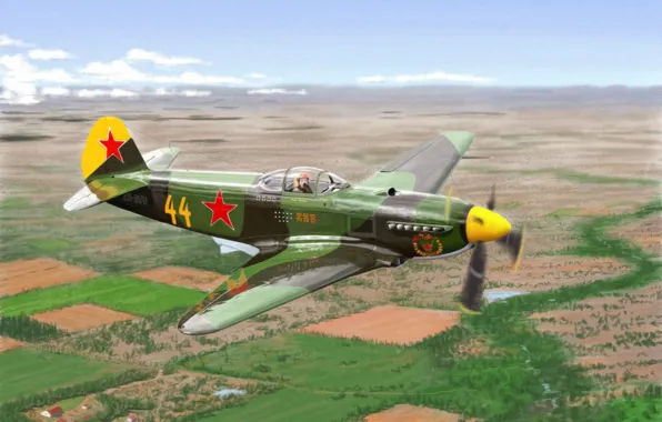 Картинка war, art, painting, aviation, ww2, russian fighter, yakovlev yak 3