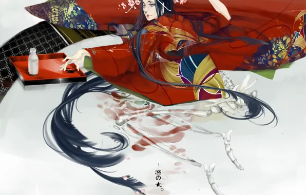Картинка скелет, гейша, кимоно, Япония, в постели, поднос, art, одеяло, длинные волосы, Chhuang, узор, сакэ