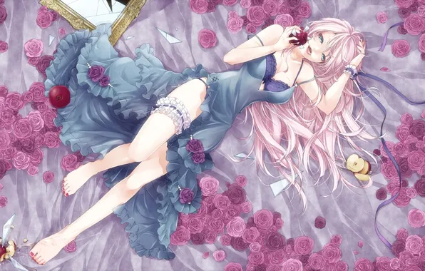 Девушка, осколки, яблоки, розы, зеркало, арт, vocaloid, megurine luka