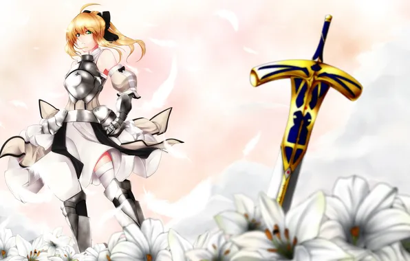 Картинка девушка, цветы, меч, перья, saber, доспех, lily, Fate/Stay night