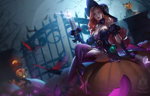 Девушка, ночь, свеча, шляпа, тыква, ведьмы, хеллоуин, League Of Legends