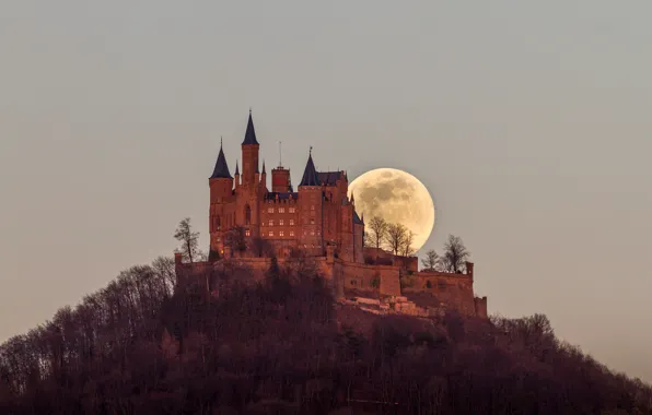 Небо, деревья, замок, луна, стены, гора, вечер, Германия
