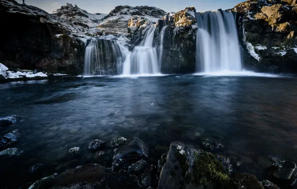 Картинка зима, снег, горы, скалы, водопад, Исландия, водоем
