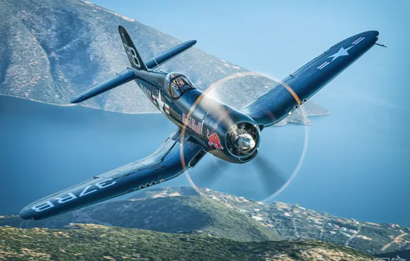Море, Истребитель, Red Bull, Пилот, Corsair, Chance Vought F4U Corsair, Вторая Мировая Война, F4U Corsair