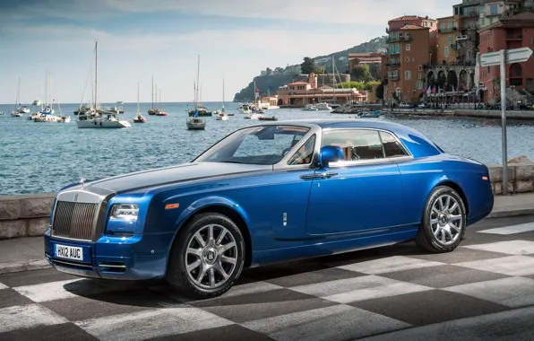 Картинка небо, вода, синий, фон, купе, яхты, Rolls-Royce, Phantom