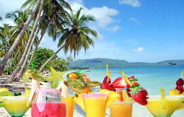 Summer, beach, fresh, sea, коктейли, fruit, drink, palms