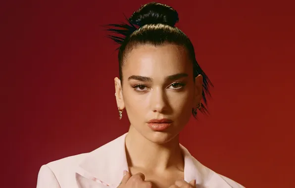 Взгляд, поза, модель, макияж, певица, Дуа Липа, Dua Lipa, фон red