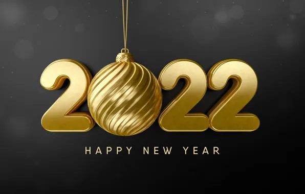 Золото, шар, цифры, Новый год, golden, черный фон, new year, happy
