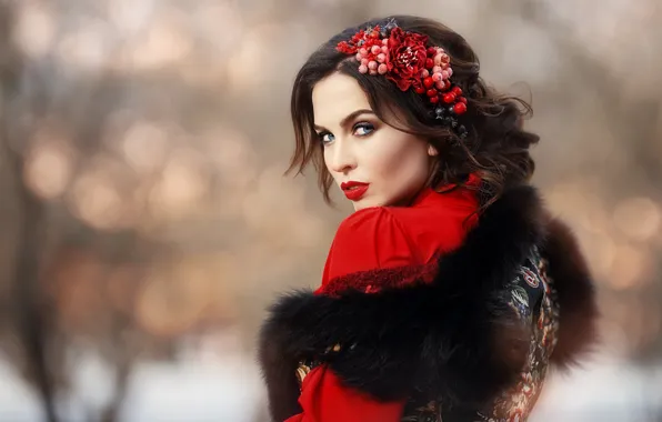 Взгляд, девушка, лицо, фото, макияж, мех, красотка, боке