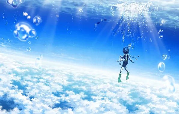 Пузыри, океан, аниме, арт, парень, под водой, amemura