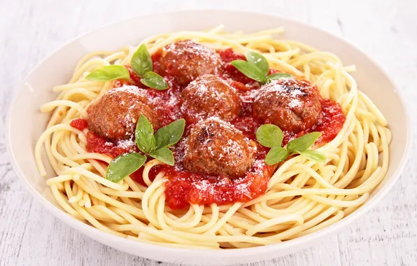 Картинка мясо, спагетти, соус, котлеты, макароны, meat, pasta, sauce