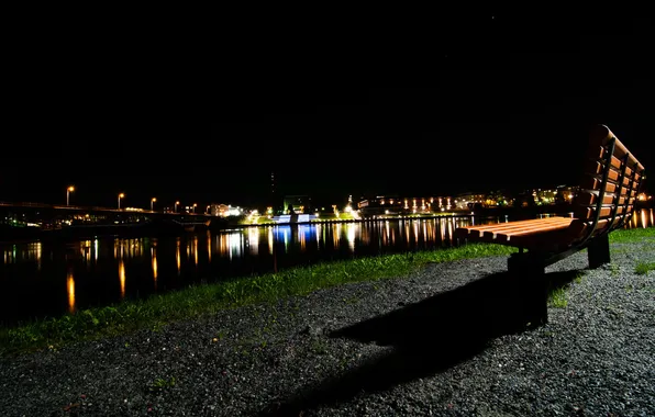 Картинка ночь, город, река, скамья