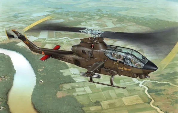 War, art, helicopter, painting, Bell AH-1 Cobra