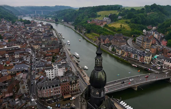 Мост, река, дома, Бельгия, вид сверху, Dinant