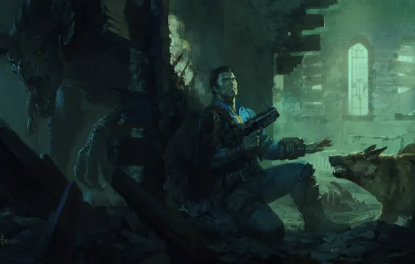 Человек, пес, постапокалипсис, art, fallout 4, deathclaw
