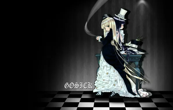 Стол, двое, длинные волосы, цилиндр, gosick, victorica de blois, шахматная клетка