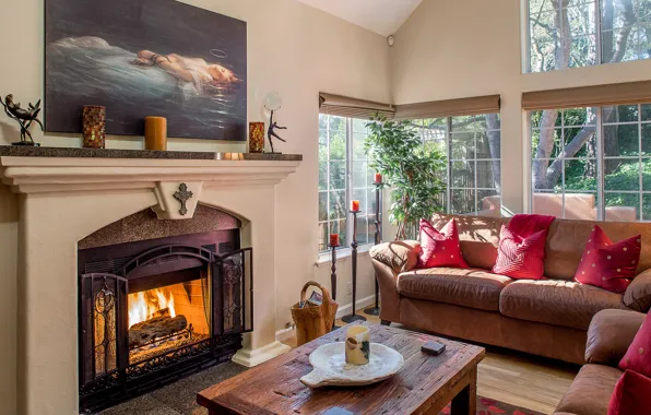 Картинка диван, картина, подушки, камин