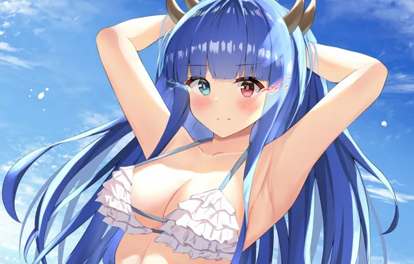 Girl, sexy, cleavage, horns, long hair, boobs, anime, beautiful