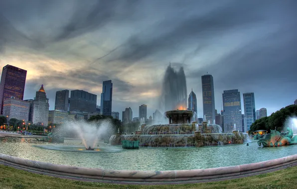 Картинка ночь, город, огни, небоскребы, Чикаго, фонтан, США, Chicago