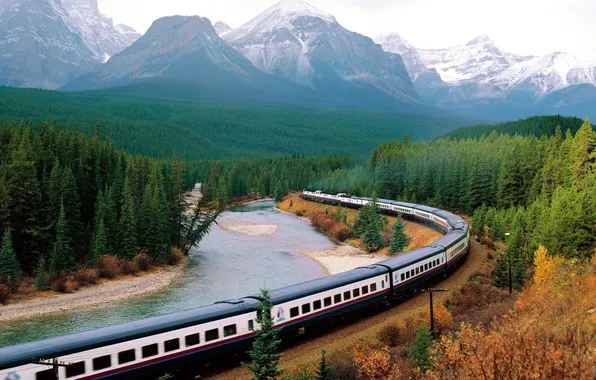 Картинка лес, горы, природа, река, поезд, вагоны, состав
