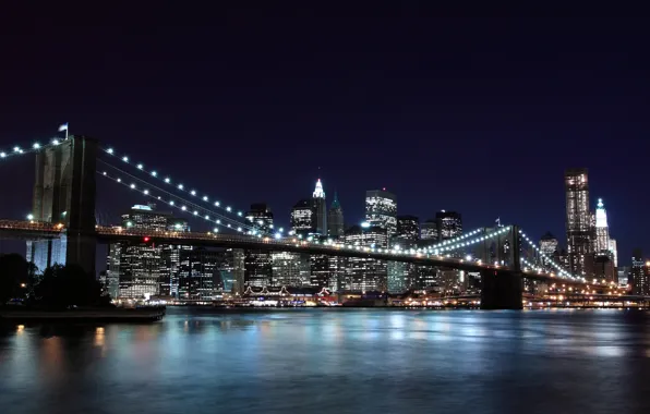 Картинка ночь, город, огни, нью-йорк, new york, бруклинский мост, brooklyn bridge