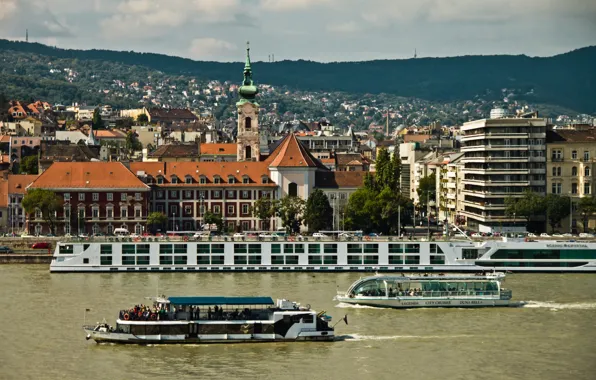 Река, здания, панорама, набережная, Венгрия, Hungary, Будапешт, Дунай
