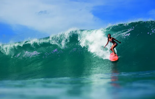 Картинка девушка, океан, спорт, волна, серфинг, доска, surfing
